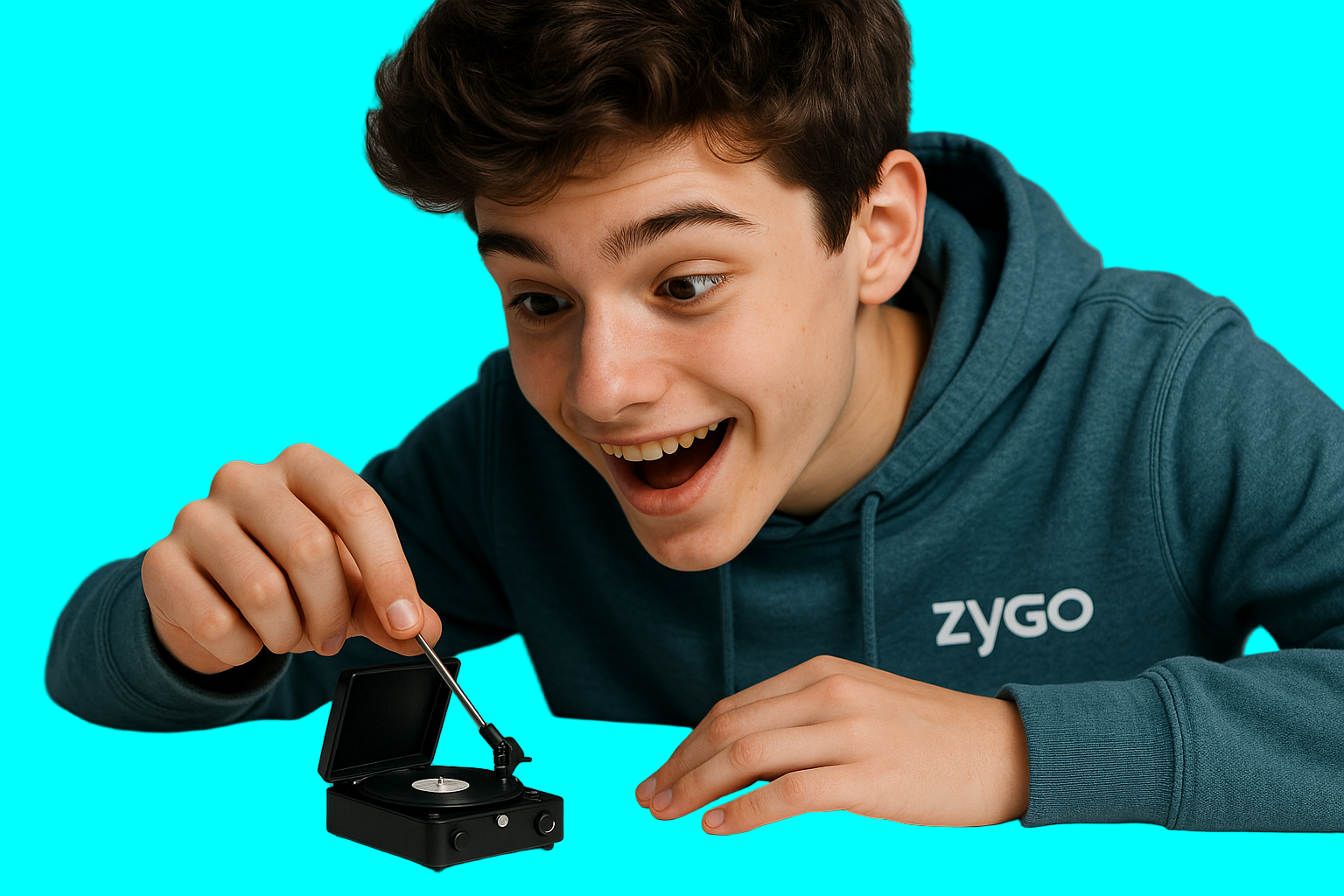 a "zygo" (electronics brand) photography session with a young teen into tech enjoying a tiny record player.